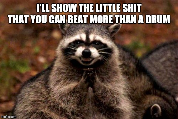 Evil Plotting Raccoon Meme | I'LL SHOW THE LITTLE SHIT THAT YOU CAN BEAT MORE THAN A DRUM | image tagged in memes,evil plotting raccoon | made w/ Imgflip meme maker