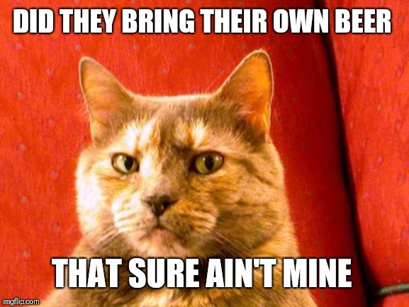 Suspicious Cat Meme | DID THEY BRING THEIR OWN BEER THAT SURE AIN'T MINE | image tagged in memes,suspicious cat | made w/ Imgflip meme maker