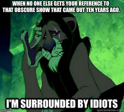 WHEN NO ONE ELSE GETS YOUR REFERENCE TO THAT OBSCURE SHOW THAT CAME OUT TEN YEARS AGO. | image tagged in scar,lion king | made w/ Imgflip meme maker