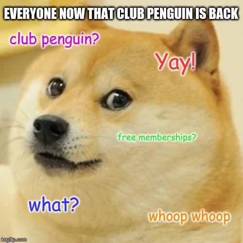 Doge Meme | EVERYONE NOW THAT CLUB PENGUIN IS BACK; club penguin? Yay! free memberships? what? whoop whoop | image tagged in memes,doge | made w/ Imgflip meme maker