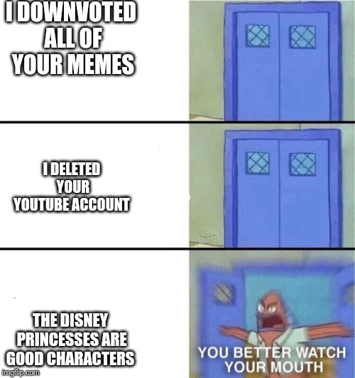 You better watch your mouth | I DOWNVOTED ALL OF YOUR MEMES; I DELETED YOUR YOUTUBE ACCOUNT; THE DISNEY PRINCESSES ARE GOOD CHARACTERS | image tagged in you better watch your mouth | made w/ Imgflip meme maker