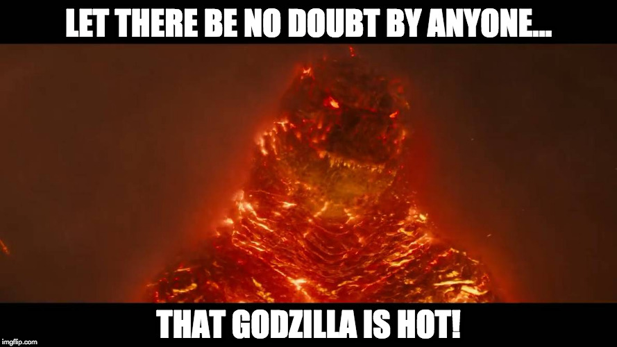 burning godzilla | LET THERE BE NO DOUBT BY ANYONE... THAT GODZILLA IS HOT! | image tagged in godzilla | made w/ Imgflip meme maker