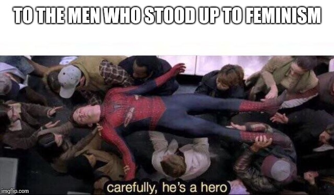 Carefully he's a hero | TO THE MEN WHO STOOD UP TO FEMINISM | image tagged in carefully he's a hero | made w/ Imgflip meme maker