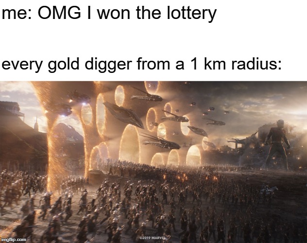 gold diggers... why | me: OMG I won the lottery; every gold digger from a 1 km radius: | image tagged in gold digger,avengers endgame | made w/ Imgflip meme maker