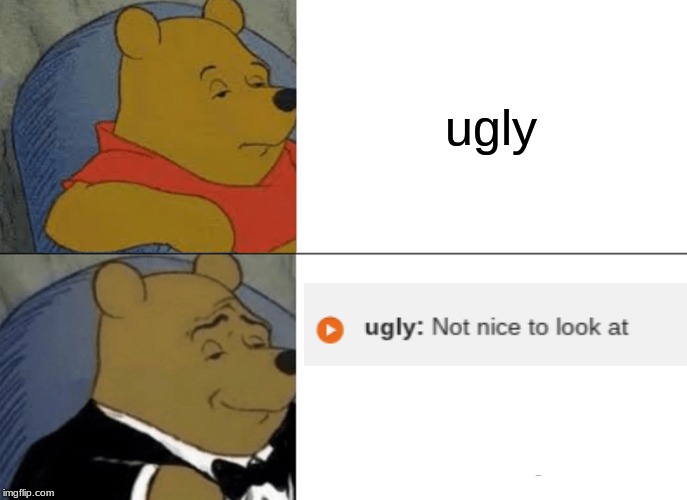 nOt NiCe tO LoOk aT | ugly | image tagged in memes,tuxedo winnie the pooh | made w/ Imgflip meme maker