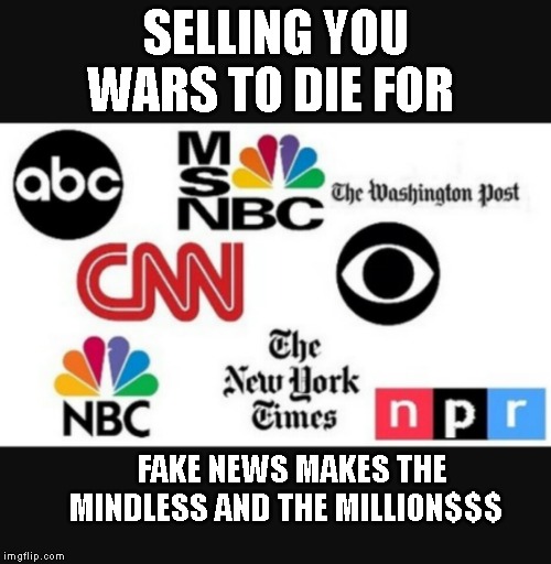 Media lies | SELLING YOU WARS TO DIE FOR; FAKE NEWS MAKES THE MINDLESS AND THE MILLION$$$ | image tagged in media lies | made w/ Imgflip meme maker