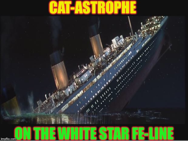 Titanic Sinking | CAT-ASTROPHE ON THE WHITE STAR FE-LINE | image tagged in titanic sinking | made w/ Imgflip meme maker