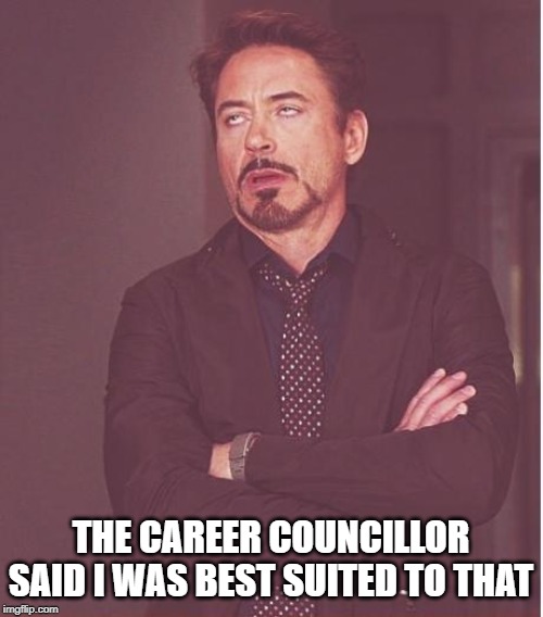 Face You Make Robert Downey Jr Meme | THE CAREER COUNCILLOR SAID I WAS BEST SUITED TO THAT | image tagged in memes,face you make robert downey jr | made w/ Imgflip meme maker