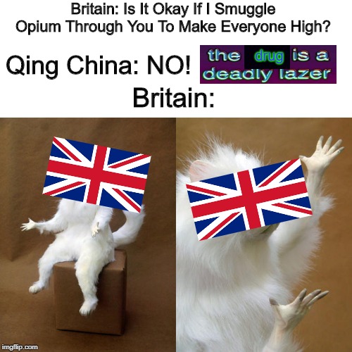 It's A Joint Meme! History x Bill Wurtz! | Britain: Is It Okay If I Smuggle Opium Through You To Make Everyone High? Qing China: NO! drug; Britain: | image tagged in memes,persian cat room guardian,history,bill wurtz | made w/ Imgflip meme maker