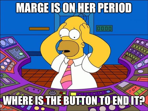 Homer Panic | MARGE IS ON HER PERIOD; WHERE IS THE BUTTON TO END IT? | image tagged in homer panic | made w/ Imgflip meme maker