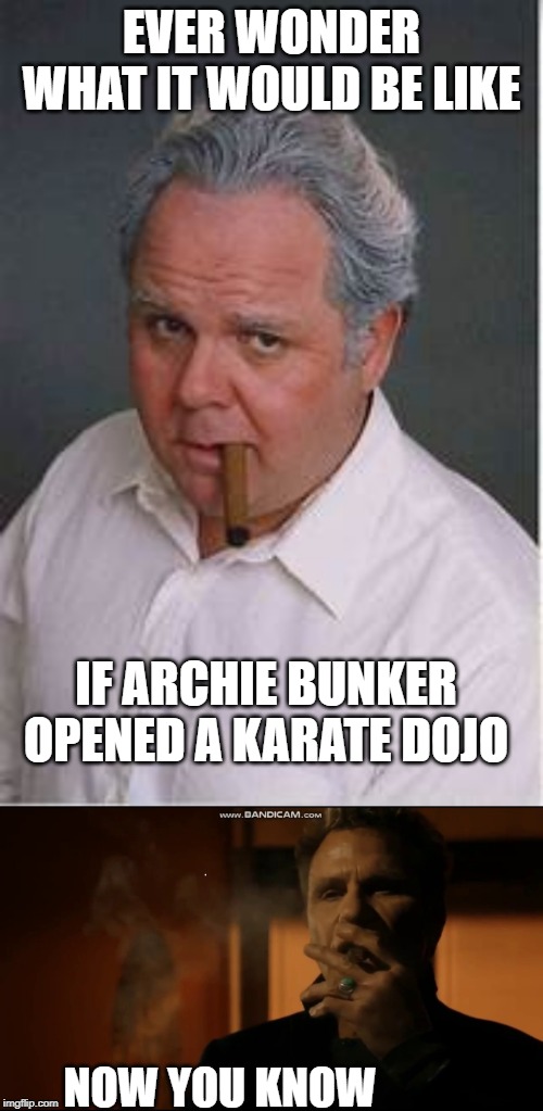 Archie Bukner Kai | EVER WONDER WHAT IT WOULD BE LIKE; IF ARCHIE BUNKER OPENED A KARATE DOJO; NOW YOU KNOW | image tagged in funny,cobra kai,funny memes,too funny | made w/ Imgflip meme maker