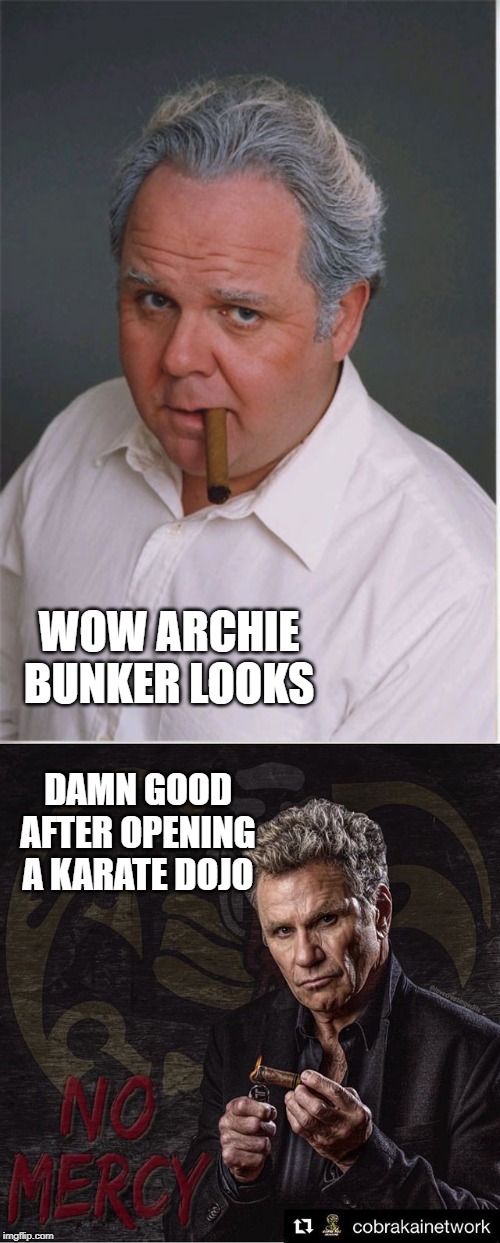 Archie Bunker looks damn good | WOW ARCHIE BUNKER LOOKS; DAMN GOOD AFTER OPENING A KARATE DOJO | image tagged in funny,funny memes,too funny,cobra kai | made w/ Imgflip meme maker