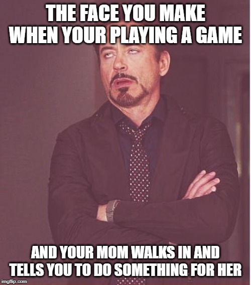 Face You Make Robert Downey Jr Meme | THE FACE YOU MAKE WHEN YOUR PLAYING A GAME; AND YOUR MOM WALKS IN AND TELLS YOU TO DO SOMETHING FOR HER | image tagged in memes,face you make robert downey jr | made w/ Imgflip meme maker