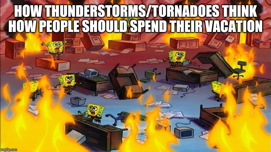 Spongebobs panicking | HOW THUNDERSTORMS/TORNADOES THINK HOW PEOPLE SHOULD SPEND THEIR VACATION | image tagged in spongebobs panicking | made w/ Imgflip meme maker