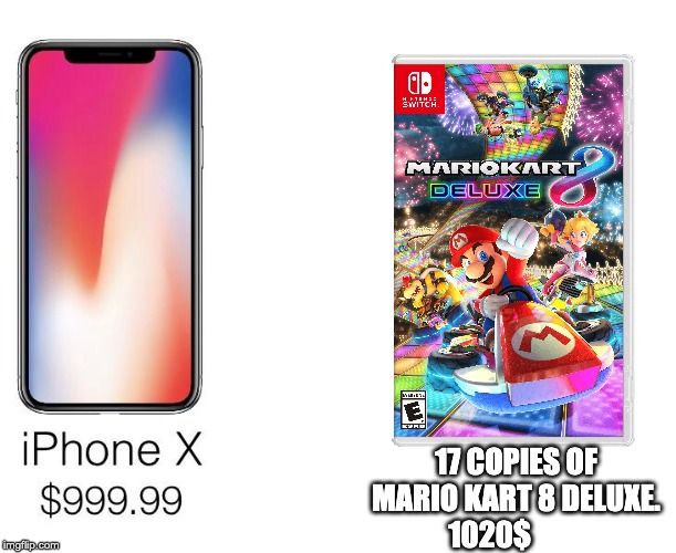 iPhone X comparison | 17 COPIES OF MARIO KART 8 DELUXE.
1020$ | image tagged in iphone x comparison | made w/ Imgflip meme maker