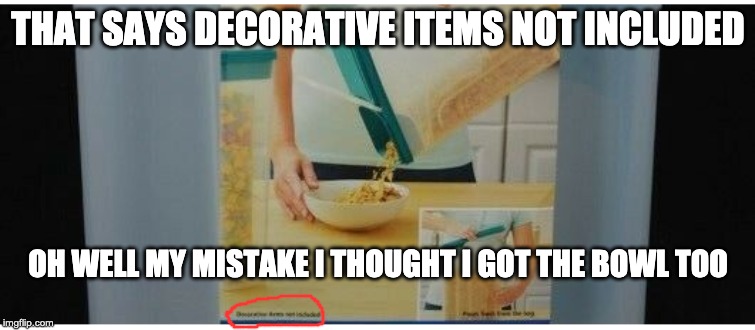 cereal box | THAT SAYS DECORATIVE ITEMS NOT INCLUDED; OH WELL MY MISTAKE I THOUGHT I GOT THE BOWL TOO | image tagged in food | made w/ Imgflip meme maker