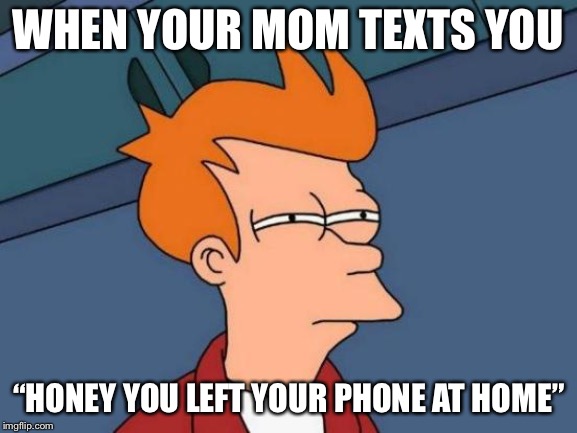 Futurama Fry Meme | WHEN YOUR MOM TEXTS YOU; “HONEY YOU LEFT YOUR PHONE AT HOME” | image tagged in memes,futurama fry | made w/ Imgflip meme maker