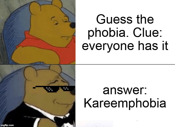 Tuxedo Winnie The Pooh | Guess the phobia. Clue: everyone has it; answer: Kareemphobia | image tagged in memes,tuxedo winnie the pooh | made w/ Imgflip meme maker