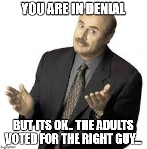 Dr Phil | YOU ARE IN DENIAL BUT ITS OK.. THE ADULTS VOTED FOR THE RIGHT GUY... | image tagged in dr phil | made w/ Imgflip meme maker