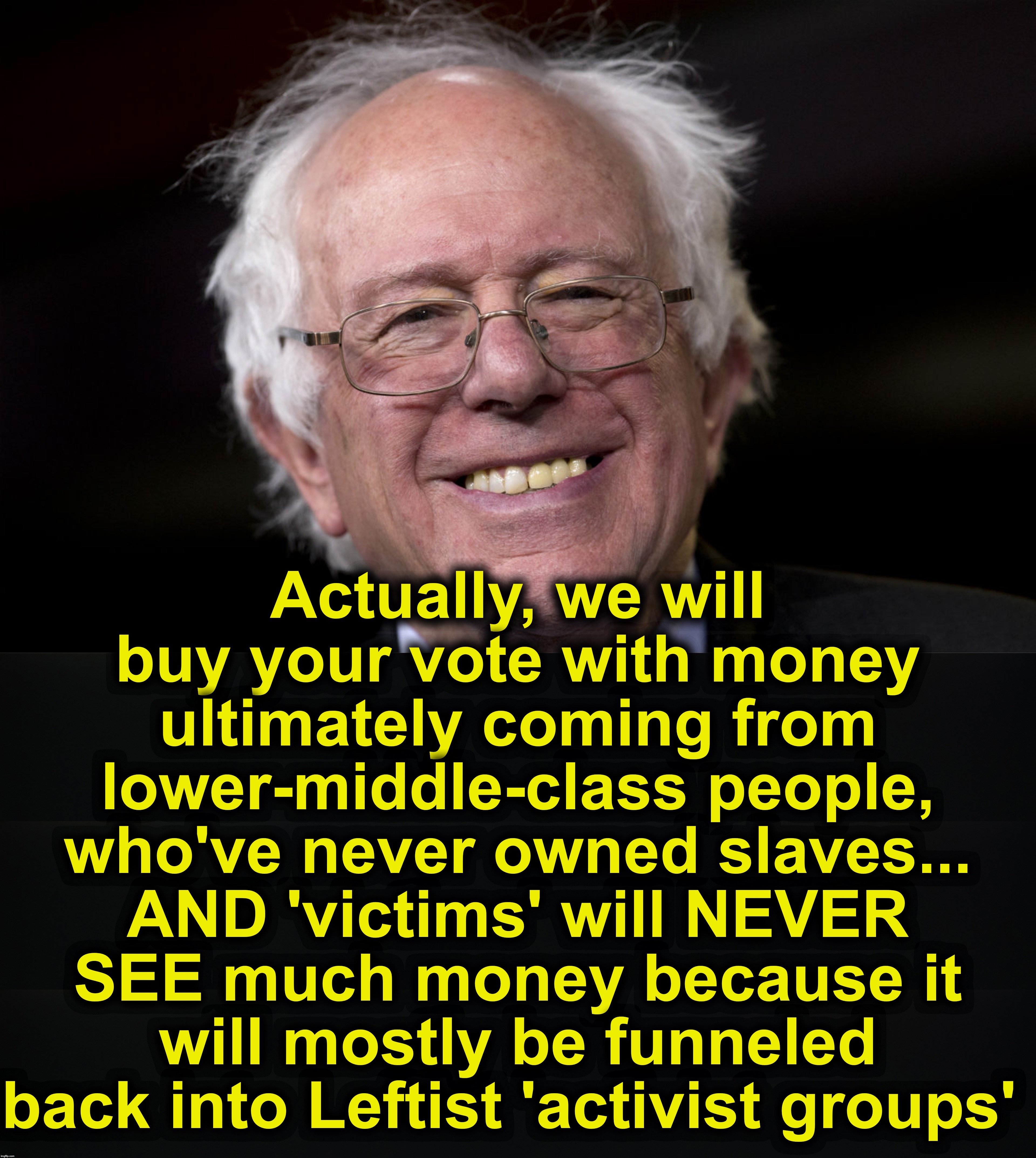 Actually, we will buy your vote with money ultimately coming from lower-middle-class people, who've never owned slaves... AND 'victims' will | made w/ Imgflip meme maker