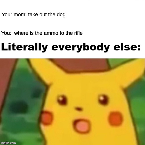Surprised Pikachu | Your mom: take out the dog; You:  where is the ammo to the rifle; Literally everybody else: | image tagged in memes,surprised pikachu | made w/ Imgflip meme maker