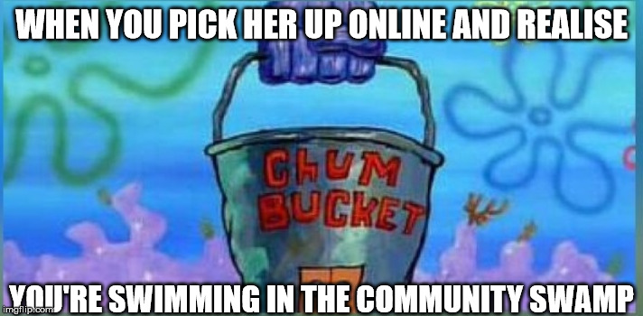 Online Dating | WHEN YOU PICK HER UP ONLINE AND REALISE; YOU'RE SWIMMING IN THE COMMUNITY SWAMP | image tagged in online dating | made w/ Imgflip meme maker