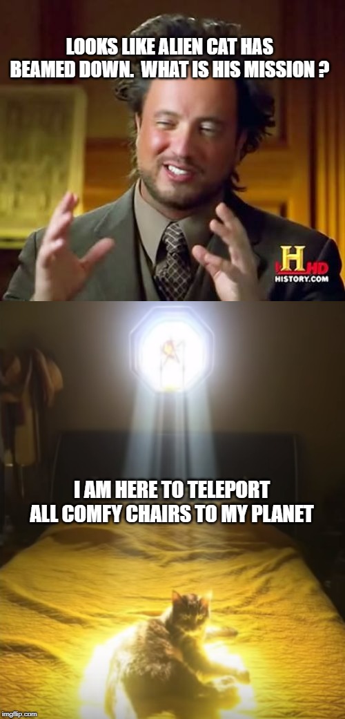 It's a UFO!  (untamed feline object) | LOOKS LIKE ALIEN CAT HAS BEAMED DOWN.  WHAT IS HIS MISSION ? I AM HERE TO TELEPORT ALL COMFY CHAIRS TO MY PLANET | image tagged in memes,ancient aliens,cat | made w/ Imgflip meme maker