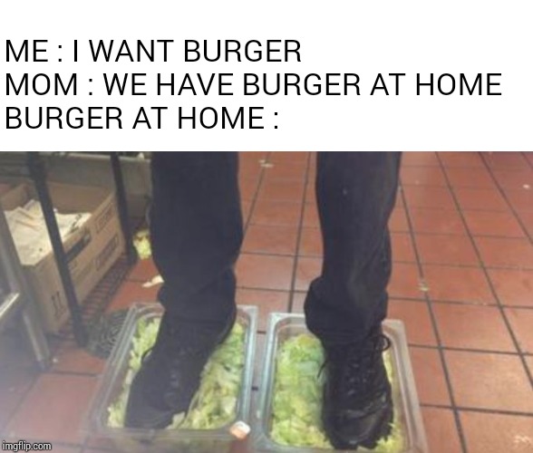 Burger at home | ME : I WANT BURGER

MOM : WE HAVE BURGER AT HOME

BURGER AT HOME : | image tagged in burger king foot lettuce,memes,i want burger,mlp,2018 memes,burger king | made w/ Imgflip meme maker