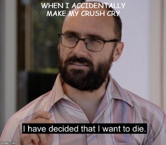 Over a pencil that someone else took | WHEN I ACCIDENTALLY MAKE MY CRUSH CRY | image tagged in i have decided that i want to die | made w/ Imgflip meme maker