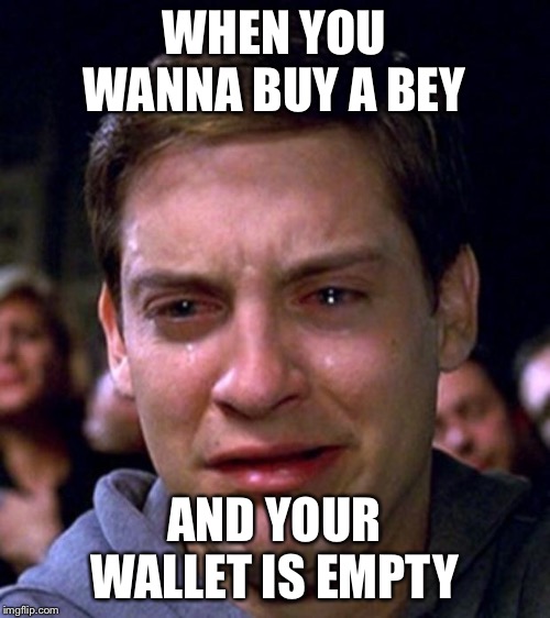 crying peter parker | WHEN YOU WANNA BUY A BEY; AND YOUR WALLET IS EMPTY | image tagged in crying peter parker | made w/ Imgflip meme maker