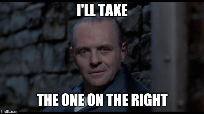 hannibal lecter silence of the lambs | I'LL TAKE THE ONE ON THE RIGHT | image tagged in hannibal lecter silence of the lambs | made w/ Imgflip meme maker