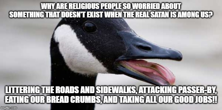WHY ARE RELIGIOUS PEOPLE SO WORRIED ABOUT SOMETHING THAT DOESN'T EXIST WHEN THE REAL SATAN IS AMONG US? LITTERING THE ROADS AND SIDEWALKS, ATTACKING PASSER-BY, EATING OUR BREAD CRUMBS, AND TAKING ALL OUR GOOD JOBS!! | image tagged in memes | made w/ Imgflip meme maker