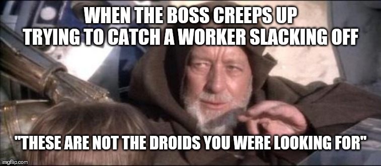 These Aren't The Droids You Were Looking For Meme | WHEN THE BOSS CREEPS UP TRYING TO CATCH A WORKER SLACKING OFF; "THESE ARE NOT THE DROIDS YOU WERE LOOKING FOR" | image tagged in memes,these arent the droids you were looking for | made w/ Imgflip meme maker