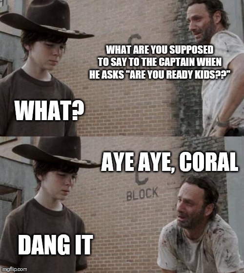 Rick and Carl | WHAT ARE YOU SUPPOSED TO SAY TO THE CAPTAIN WHEN HE ASKS "ARE YOU READY KIDS??"; WHAT? AYE AYE, CORAL; DANG IT | image tagged in memes,rick and carl | made w/ Imgflip meme maker