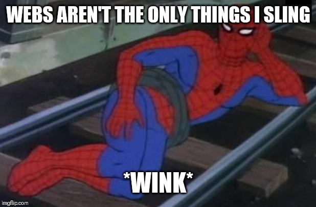 Sexy Railroad Spiderman | WEBS AREN'T THE ONLY THINGS I SLING; *WINK* | image tagged in memes,sexy railroad spiderman,spiderman | made w/ Imgflip meme maker