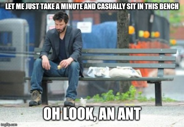Sad Keanu Meme | LET ME JUST TAKE A MINUTE AND CASUALLY SIT IN THIS BENCH OH LOOK, AN ANT | image tagged in memes,sad keanu | made w/ Imgflip meme maker