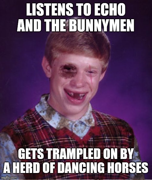 Beat-up Bad Luck Brian | LISTENS TO ECHO AND THE BUNNYMEN; GETS TRAMPLED ON BY A HERD OF DANCING HORSES | image tagged in beat-up bad luck brian,echo and the bunnymen,bring on the dancing horses | made w/ Imgflip meme maker