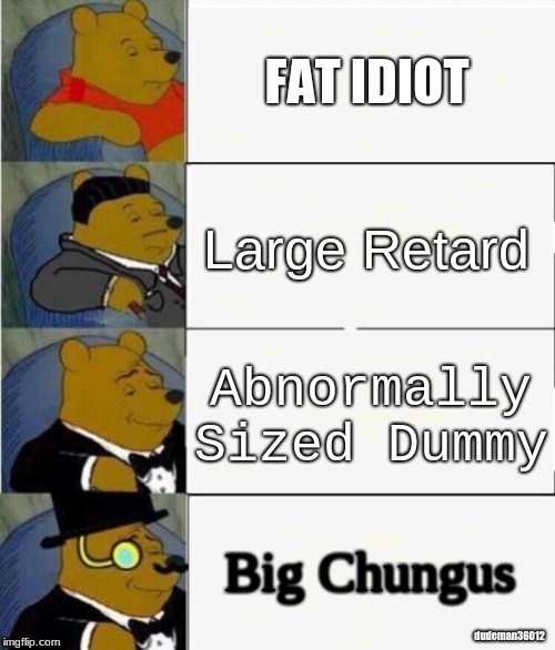 Nicknames for your friends | FAT IDIOT; Large Retard; Abnormally Sized Dummy; Big Chungus; dudeman36012 | image tagged in tuxedo winnie the pooh 4 panel,big chungus,fancy pooh,tuxedo winnie the pooh | made w/ Imgflip meme maker
