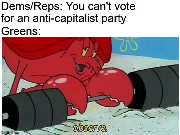 Dems/Reps: You can't vote for an anti-capitalist party; Greens: | image tagged in observe,democrats,republicans,green party | made w/ Imgflip meme maker