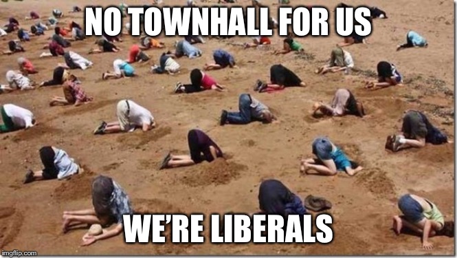 Head in sand | NO TOWNHALL FOR US; WE’RE LIBERALS | image tagged in head in sand | made w/ Imgflip meme maker