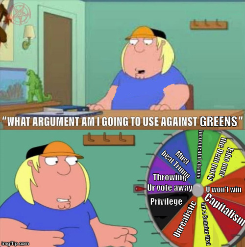 Family Guy Chris wheel | GREENS; Must beat Trump; Incremental change; Take over the Dem party; Throwing Ur vote away; U won't win; Privilege; Capitalism; Unrealistic; Get a Senator first | image tagged in family guy chris wheel,green party | made w/ Imgflip meme maker