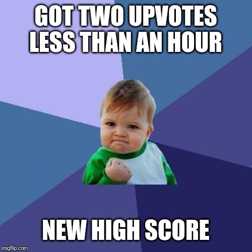 GOT TWO UPVOTES LESS THAN AN HOUR NEW HIGH SCORE | image tagged in memes,success kid | made w/ Imgflip meme maker