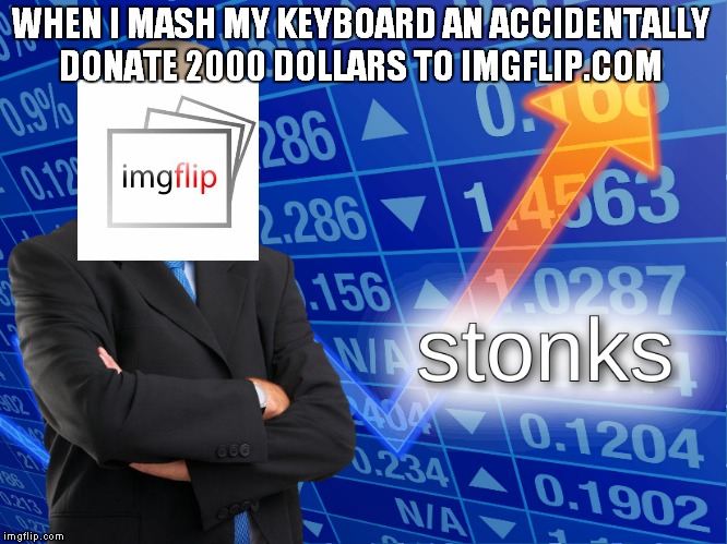 stonks | WHEN I MASH MY KEYBOARD AN ACCIDENTALLY DONATE 2000 DOLLARS TO IMGFLIP.COM | image tagged in stonks | made w/ Imgflip meme maker