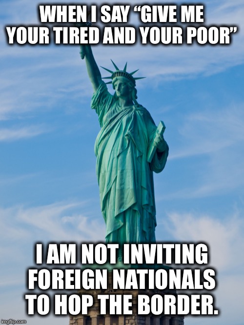 statue of liberty | WHEN I SAY “GIVE ME YOUR TIRED AND YOUR POOR”; I AM NOT INVITING FOREIGN NATIONALS TO HOP THE BORDER. | image tagged in statue of liberty,illegal immigration,democrats | made w/ Imgflip meme maker