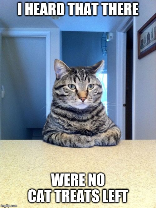 Take A Seat Cat Meme | I HEARD THAT THERE; WERE NO CAT TREATS LEFT | image tagged in memes,take a seat cat | made w/ Imgflip meme maker