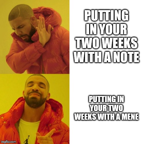 Drake Blank | PUTTING IN YOUR TWO WEEKS WITH A NOTE; PUTTING IN YOUR TWO WEEKS WITH A MENE | image tagged in drake blank | made w/ Imgflip meme maker