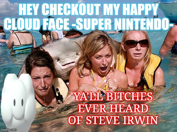 Hey Babies Wanna Party Steve Irwin Style | HEY CHECKOUT MY HAPPY CLOUD FACE -SUPER NINTENDO-; YA'LL BITCHES EVER HEARD OF STEVE IRWIN | image tagged in stingray photobomb | made w/ Imgflip meme maker