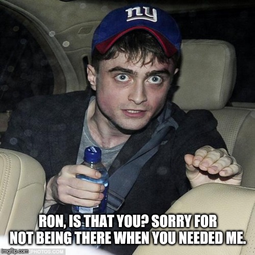 harry potter crazy | RON, IS THAT YOU? SORRY FOR NOT BEING THERE WHEN YOU NEEDED ME. | image tagged in harry potter crazy | made w/ Imgflip meme maker