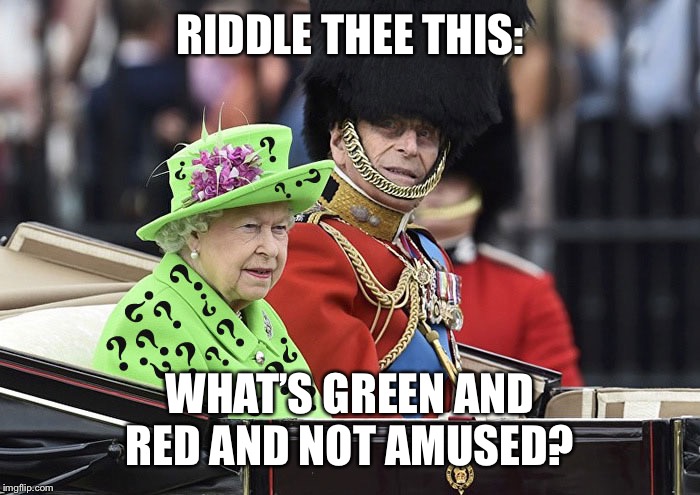 We riddle thee this | RIDDLE THEE THIS:; WHAT’S GREEN AND RED AND NOT AMUSED? | image tagged in we riddle thee this | made w/ Imgflip meme maker