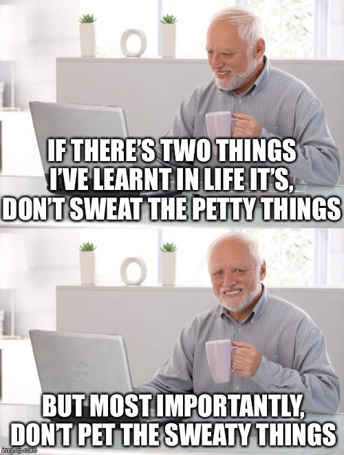 Don’t sweat it | IF THERE’S TWO THINGS I’VE LEARNT IN LIFE IT’S, DON’T SWEAT THE PETTY THINGS; BUT MOST IMPORTANTLY, DON’T PET THE SWEATY THINGS | image tagged in old man cup of coffee,hide the pain harold,sweaty,petting,life lessons,cravenmoordik | made w/ Imgflip meme maker